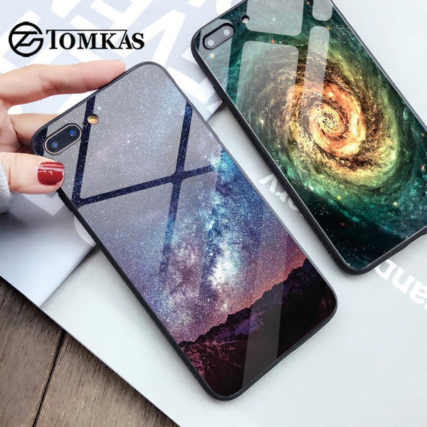 TOMKAS Glass Phone Case For iPhone X 7 8 10 6 s XS Star Space Cover Case For iPhone 8 7 6 6s Plus X Luxury Case Silicone Coque 6