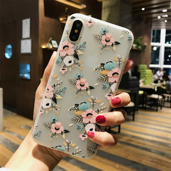 USLION Lotus Flower Case For iPhone 8 Plus XS Max XR 3D Relief Rose Floral Phone Case For iPhone X 7 6 6S Plus 5 SE TPU Cover