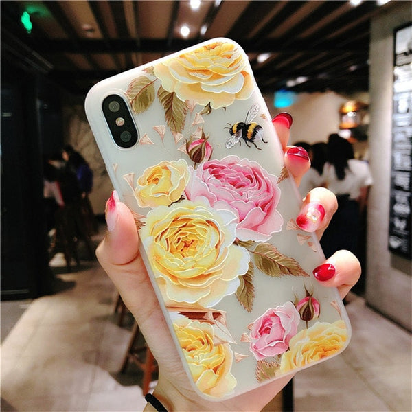 USLION Lotus Flower Case For iPhone 8 Plus XS Max XR 3D Relief Rose Floral Phone Case For iPhone X 7 6 6S Plus 5 SE TPU Cover