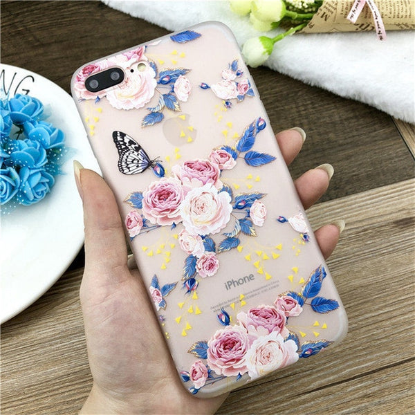 USLION Lotus Flower Case For iPhone 8 Plus XS Max XR 3D Relief Rose Floral Phone Case For iPhone X 7 6 6S Plus 5 SE TPU Cover