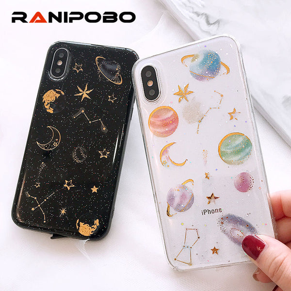 Shining Glitter Space planet phone Cases for iphone X XS XR XS Max 7 6 6S 6Plus 8 8Plus Transparent Soft silicon Case back cover