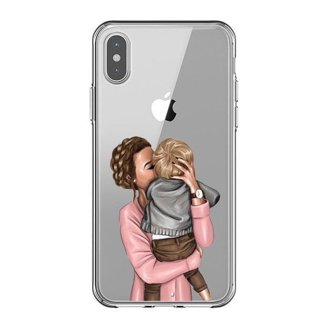 Fashion Black Brown Hair Baby Mom Girl Queen 01 Case For iPhone X XS Max XR 8 7 6 6s Plus 5 5s SE Silicone Woman Phone Cover