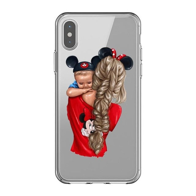 Fashion Black Brown Hair Baby Mom Girl Queen 01 Case For iPhone X XS Max XR 8 7 6 6s Plus 5 5s SE Silicone Woman Phone Cover