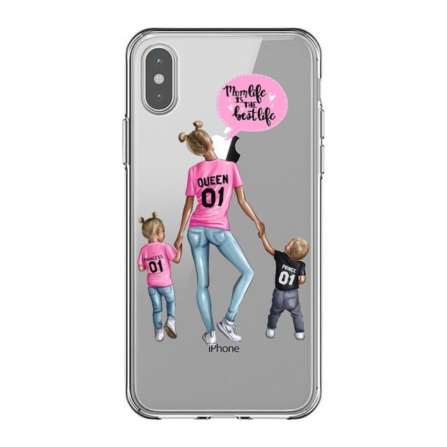 Fashion Black Brown Hair Baby Mom Girl Queen 01 Case For iPhone X XS Max XR 8 7 6 6s Plus 5 5s SE Silicone Woman Phone Cover