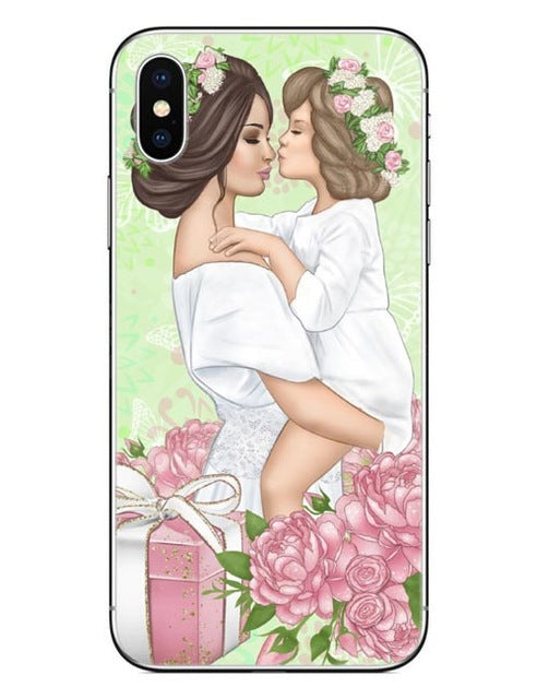 Fashion Black Brown Hair Baby Mom Girl Queen 01 Case For iPhone X XS Max XR 8 7 6 6s Plus 5 5s SE Silicone Woman Phone Cover
