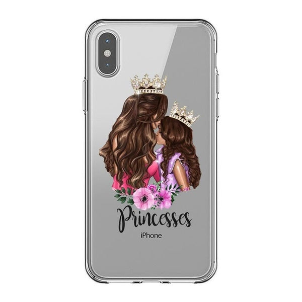 Fashion Black Brown Hair Baby Mom Girl Queen 01 Case For iPhone X XS Max XR 8 7 6 6s Plus 5 5s SE Silicone Woman Phone Cover