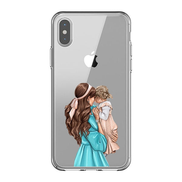 Fashion Black Brown Hair Baby Mom Girl Queen 01 Case For iPhone X XS Max XR 8 7 6 6s Plus 5 5s SE Silicone Woman Phone Cover
