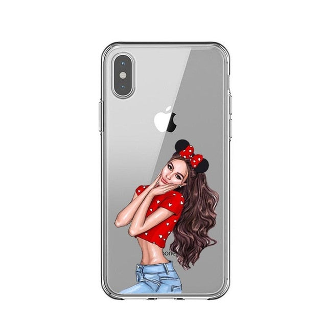 Fashion Black Brown Hair Baby Mom Girl Queen 01 Case For iPhone X XS Max XR 8 7 6 6s Plus 5 5s SE Silicone Woman Phone Cover