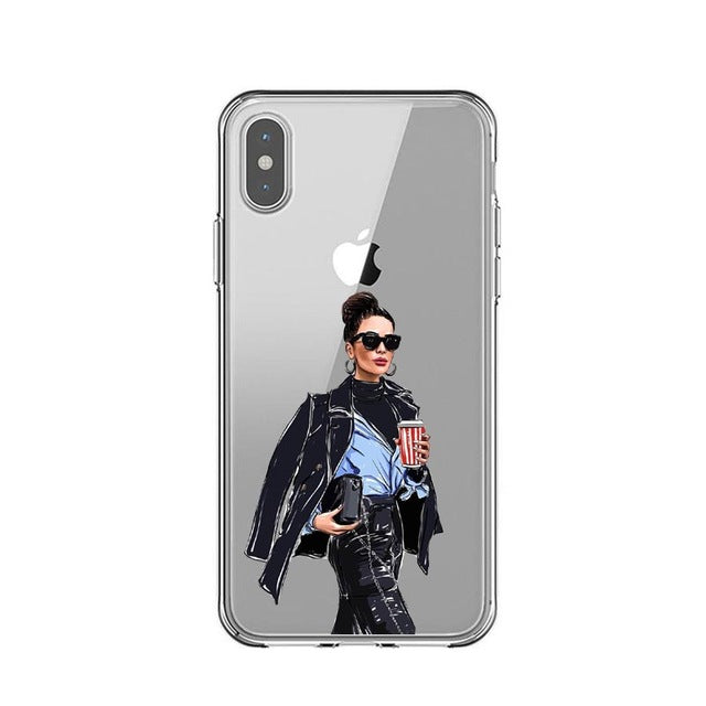 Fashion Black Brown Hair Baby Mom Girl Queen 01 Case For iPhone X XS Max XR 8 7 6 6s Plus 5 5s SE Silicone Woman Phone Cover
