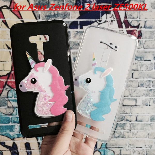 3D Unicorn Quicksand Liquid Soft Silicone Case for Asus Zenfone 2 laser ZE500KL Phone Cover Cartoon Diamond Funda Coque