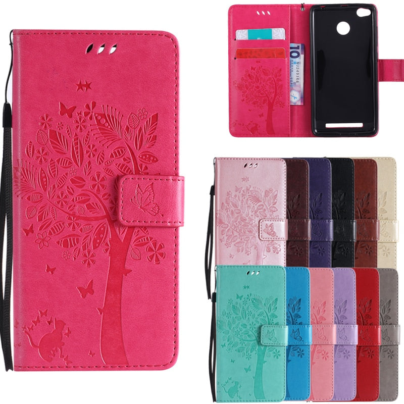 For Coque Xiaomi Redmi 3S 3 S Case Cat and Tree Embossed Flip Wallet Stand Holder PU Leather Bag Phone Cover for Redmi 3 Pro