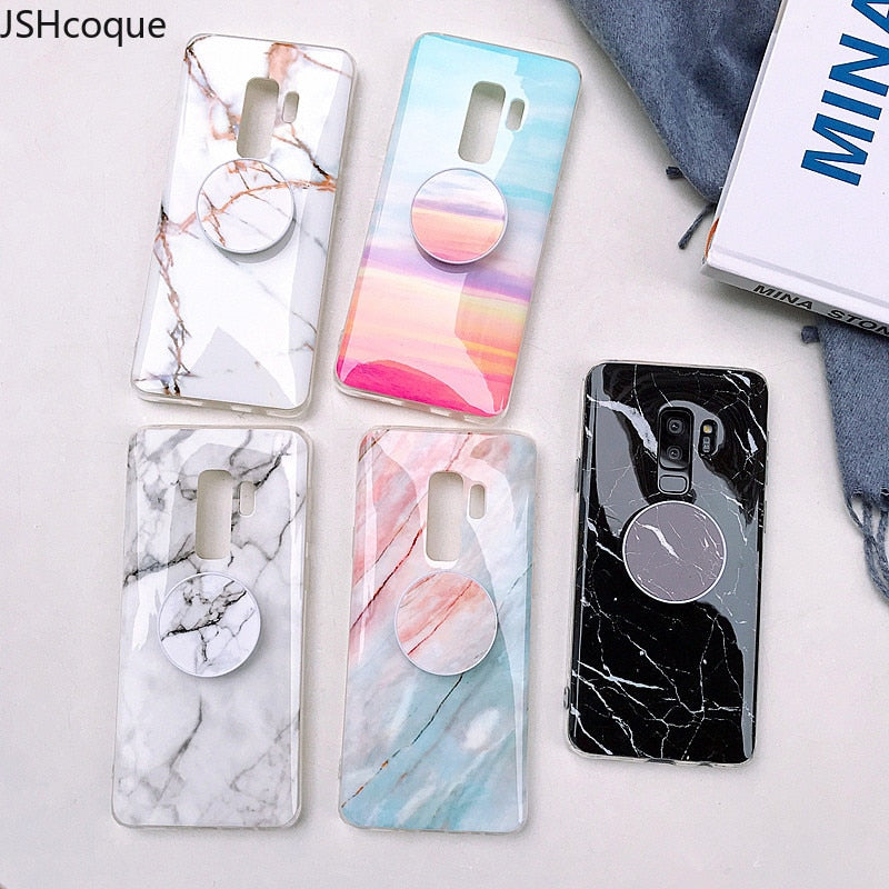 Fashion Grip Stand Holder Marble Phone Case for Samsung S8 Plus S9 Plus Etui Glossy Silicon Back Cover for Samsung Note 8 Note 9