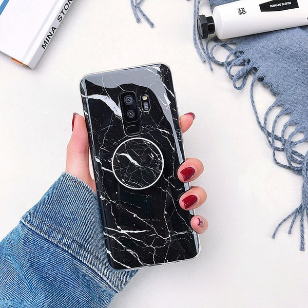 Fashion Grip Stand Holder Marble Phone Case for Samsung S8 Plus S9 Plus Etui Glossy Silicon Back Cover for Samsung Note 8 Note 9