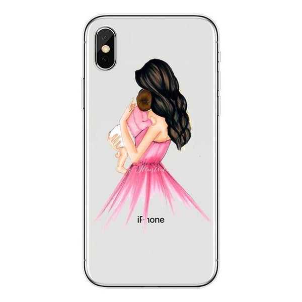 Fashion Black Brown Hair Baby Mom Girl Queen 01 Case For iPhone X XS Max XR 8 7 6 6s Plus 5 5s SE Silicone Woman Phone Cover