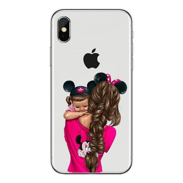 Fashion Black Brown Hair Baby Mom Girl Queen 01 Case For iPhone X XS Max XR 8 7 6 6s Plus 5 5s SE Silicone Woman Phone Cover