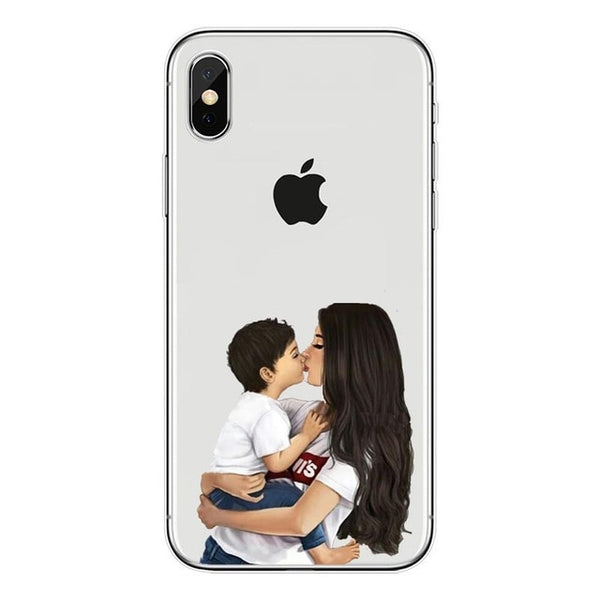 Fashion Black Brown Hair Baby Mom Girl Queen 01 Case For iPhone X XS Max XR 8 7 6 6s Plus 5 5s SE Silicone Woman Phone Cover