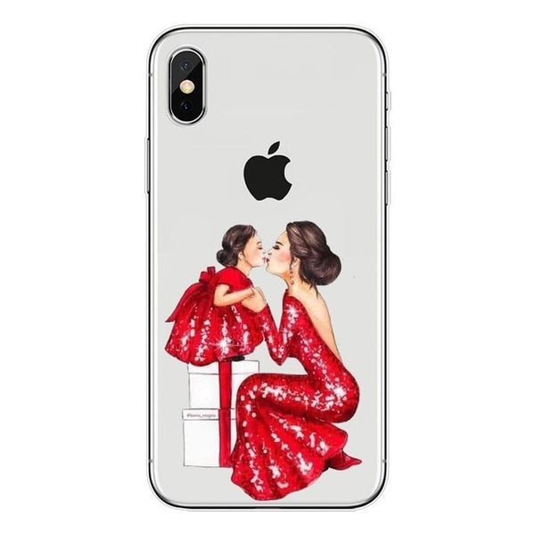 Fashion Black Brown Hair Baby Mom Girl Queen 01 Case For iPhone X XS Max XR 8 7 6 6s Plus 5 5s SE Silicone Woman Phone Cover