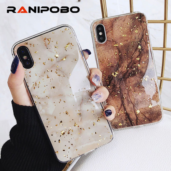 Luxury Bling Gold Foil Marble Hole Phone Case For iPhone X XS 6 6S Plus 7 7Plus 8 8Plus Soft TPU Shining Glitter Case Back Cover