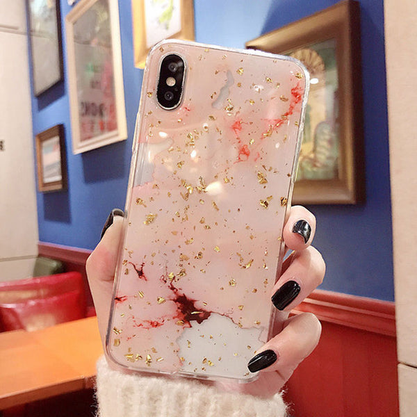 Luxury Bling Gold Foil Marble Hole Phone Case For iPhone X XS 6 6S Plus 7 7Plus 8 8Plus Soft TPU Shining Glitter Case Back Cover