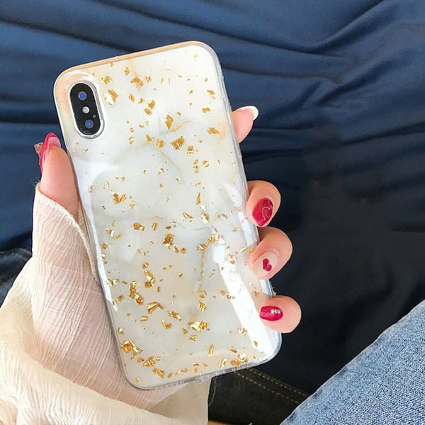 Luxury Bling Gold Foil Marble Hole Phone Case For iPhone X XS 6 6S Plus 7 7Plus 8 8Plus Soft TPU Shining Glitter Case Back Cover