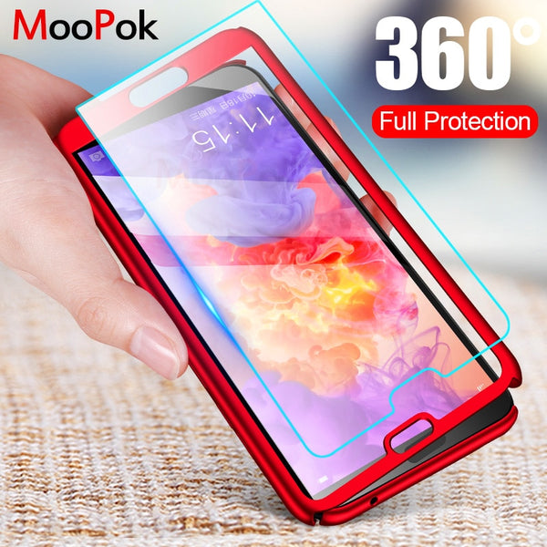 MooPok Luxury 360 Full Cover Case For Huawei P20 P10 P9 P8 Lite Cover Phone Case For Huawei P20 Pro P10 Plus With Tempered Glass