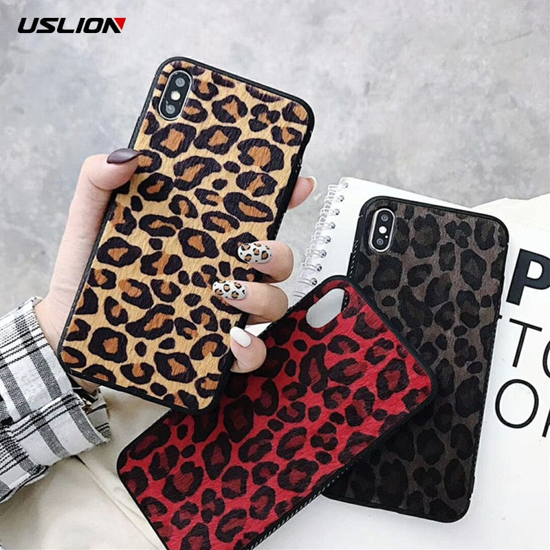 USLION Plush Leopard Print Phone Cover For iPhone 6 7 8 Plus X XR XS Max Leopard Cases For iPhone 6 6S Plus Phone Bag Back Cover
