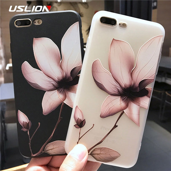 USLION Lotus Flower Case For iPhone 8 Plus XS Max XR 3D Relief Rose Floral Phone Case For iPhone X 7 6 6S Plus 5 SE TPU Cover