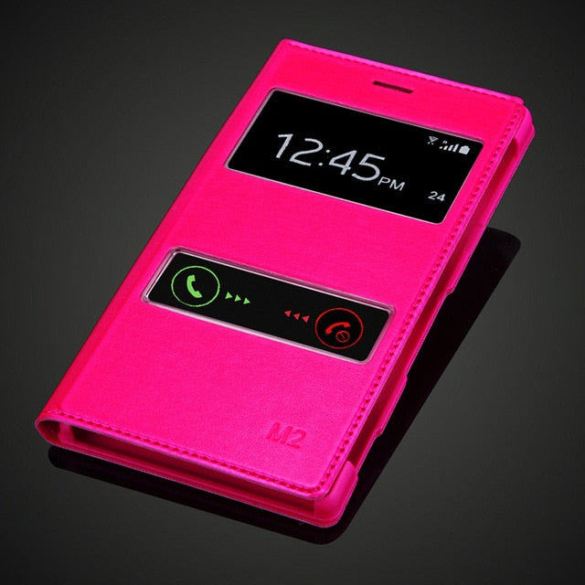 Luxury Soft Skin Leather PU Case For Sony Xperia M2 S50H / Dual D2302 With Slim Touch Screen View Window flip phone cover case